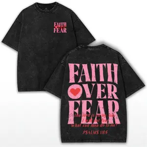 Faith Over Fear Washed T-Shirt, Christian Graphic Tee, Oversized Streetwear, Unisex Gymwear, Jesus Shirt for Men and Women Cotton Menswear women's and men's tops TikTokShop Black Friday