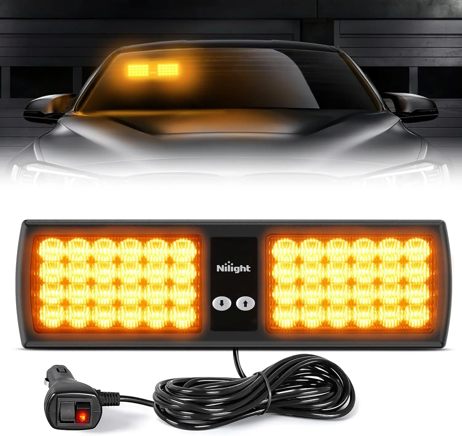 Nilight Amber LED Visor Light Bar - 48 LEDs, 12V-24V, 15 Flash Modes, 2 Heavy Duty Velcro Straps, Digital Pattern Select Buttons, ABS+PC, 0.5mi Visibility, Visor Mounted Interior Light for Trucks, Construction Vehicles, Low-Visibility Weather Use,,