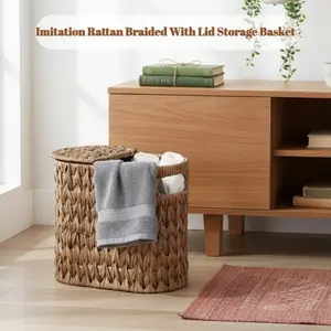 Woven Basket with Cover Tissue Storage, Household Kitchen Living Room Sundries Storage Basket, Imitation Rattan Clothing Toy Storage Box, Clothes Baskets