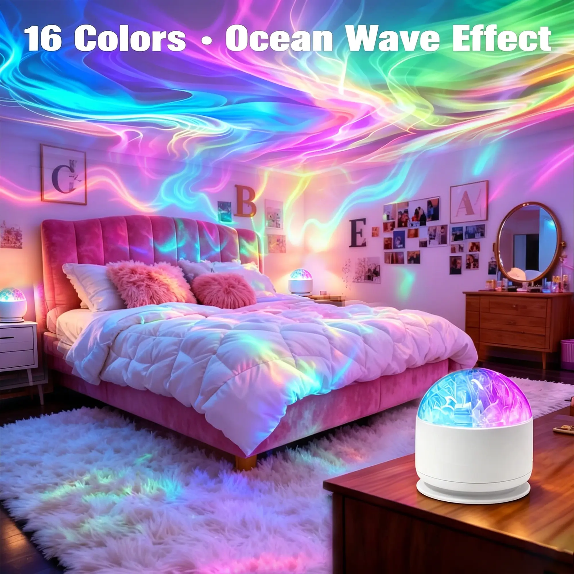 2 Scene -Ocean Wave & 3D Water Ripple Projector Light-16-Color Round Lamp withControl, Relaxation & Romantic Night Ambience aurora borealis shower lamp tiktokshopsummersale
