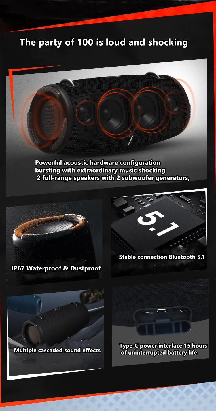 100W High Power Bluetooth Speaker Portable RGB Colorful Light Waterproof Wireless Subwoofer 360 Stereo Surround TWS FM Boombox for Smartphone Audio 23.1 x 9.3 x 12.7CM