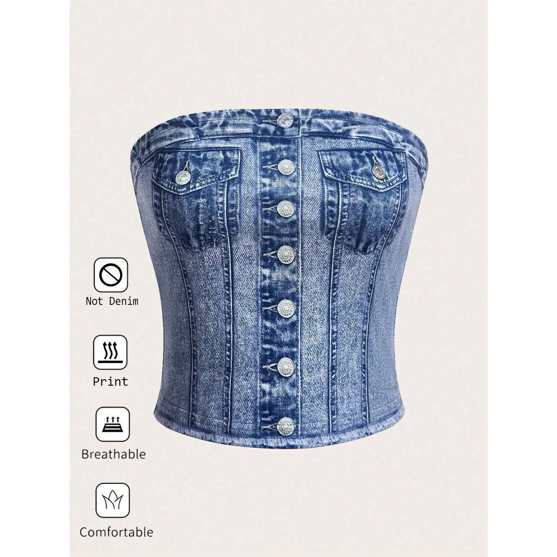 SHEIN Essnce Women's Strapless Denim-Print Tube Top, Stretchy Knitted Fabric, Casual Street Style Summer Outfit For Parties Or Dates