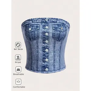 SHEIN Essnce Women's Strapless Denim-Print Tube Top, Stretchy Knitted Fabric, Casual Street Style Summer Outfit For Parties Or Dates