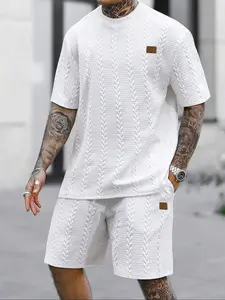 Men's Cable Textured Patched Short Sleeve Tee & Drawstring Waist Shorts Two-Piece Set, Casual Fashion Cozy Breathable Men Outfits for Summer, Men Clothes Set for Daily Wear, Menswear