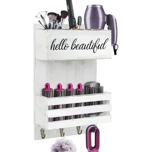 Rustic Hair Tool Organizer Wall Mount, 2 Layer Hair Dryer Holder Wall Mounted, Bathroom Hair Care and Styling Tool Organizer for Wall, Hair Accessories Organizer with Shelf for Makeup, Toiletries