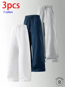 3-pack men’s pure cotton long pants: loose straight casual pants, sweatpants/joggers, featuring a drawstring waistband design. Available in multiple colors. Suitable for home lounging, daily commuting, outdoor walks, short trips, camping—versatile casual