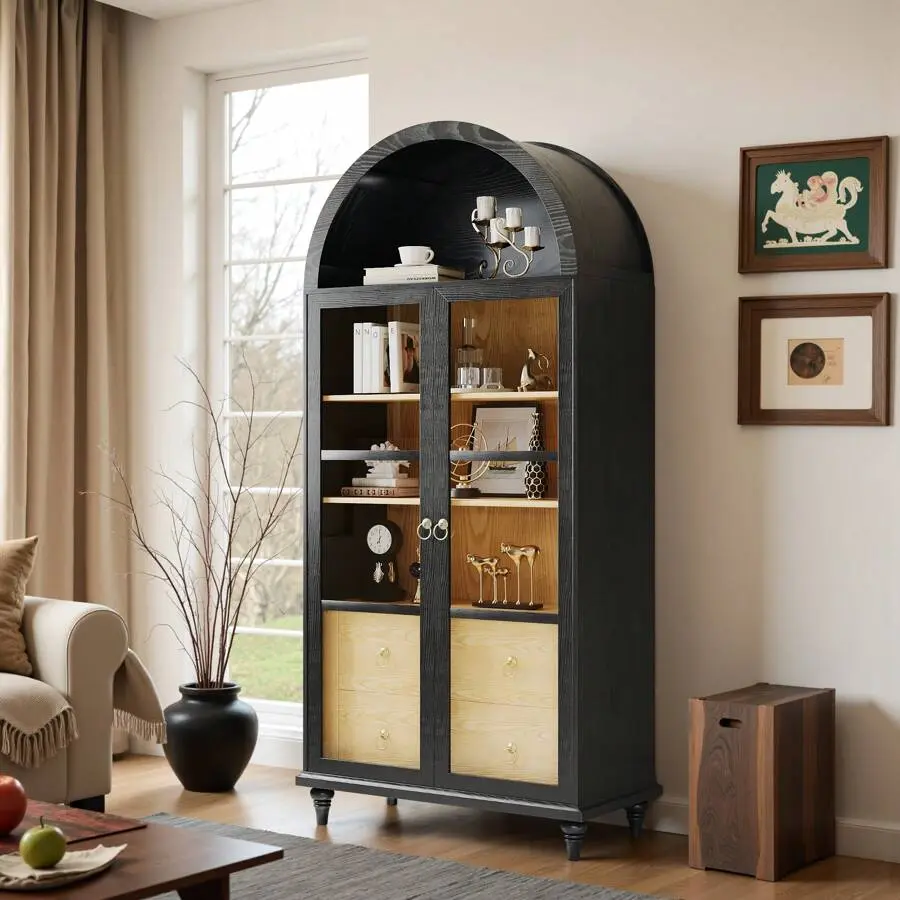 Triple Wide 70" Arched MDF Kitchen Pantry Cabinet - Sturdy, Durable, Stable Indoor Storage Cupboard with Glass Doors, Large Drawers, Shelves, Bookshelf Function, Assembly Required for Living Room, Dining Room