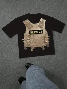 Men's Round Neck Short Sleeve T-Shirt, Loose Lightweight Breathable, Bulletproof Vest Print, Casual All Season Wear, Street Style