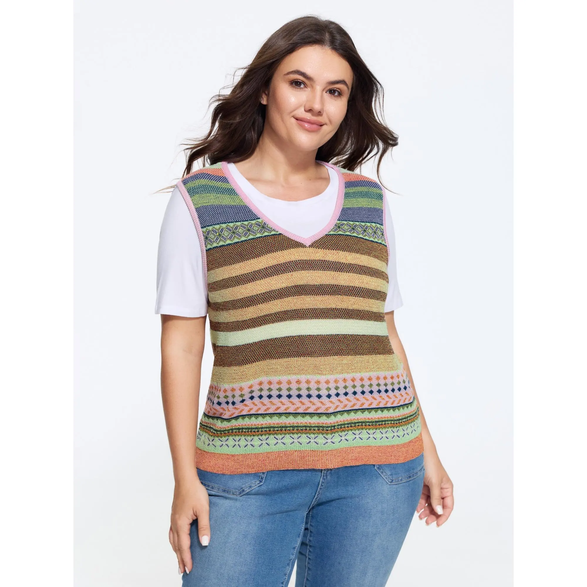 BLOOMCHIC Plus Size Texture Vintage Striped V Neck Sweater Vest[M-6X] 2026 Summerfinds
