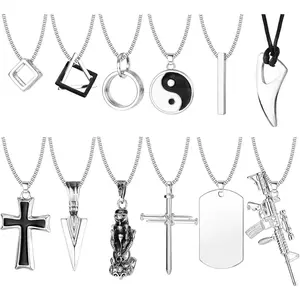 FLORIDECO 12Pcs Stainless Steel Pendant Necklace Set for Men Cool Goth Funky Gothic Cross Dog Tag Yin Yang Triangle Durable Edgy Accessories Black Silver Tone Daily Wear