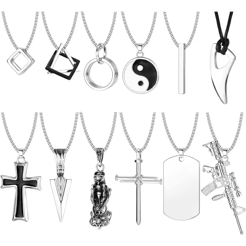 FLORIDECO 12Pcs Adult Male Stainless Steel Pendant Necklaces Set - 61+5cm, Durable Material, Synthetic Colored Gemstone, Gothic Symbols (Cross, Dog Tag, Yin Yang, Triangle), Black Silver Tone, Geometric Casual Edgy Daily Accessories
