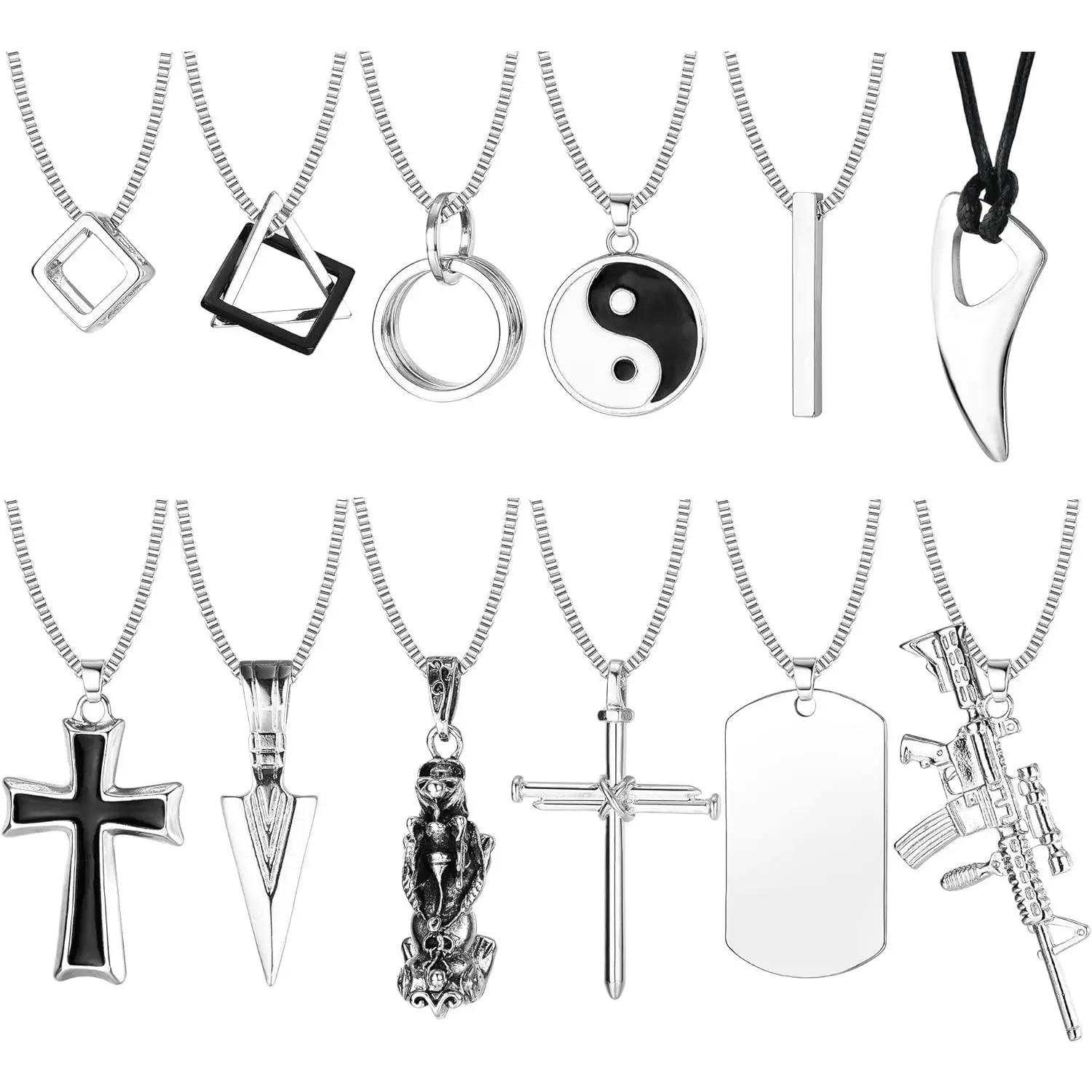 FLORIDECO 12Pcs Stainless Steel Pendant Necklace for Men Cool Goth Necklace Funky Gothic Cross Dog Tag Yin Yang Triangle Pendant Chain Necklace Set Bl