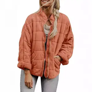 Solid color stand collar cotton coat 2025 European and women's loose long sleeve pocket jacket puffer Can be used with raincoat
