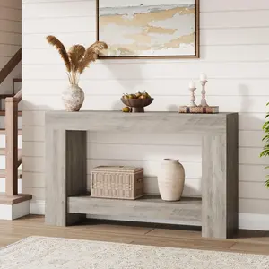 Garvee Farmhouse Console Table for Entryway – 2-Tier Long Wood Sofa Table with Storage – Narrow Accent Table for Living Room or Hallway – Grey, 1.2 Meters