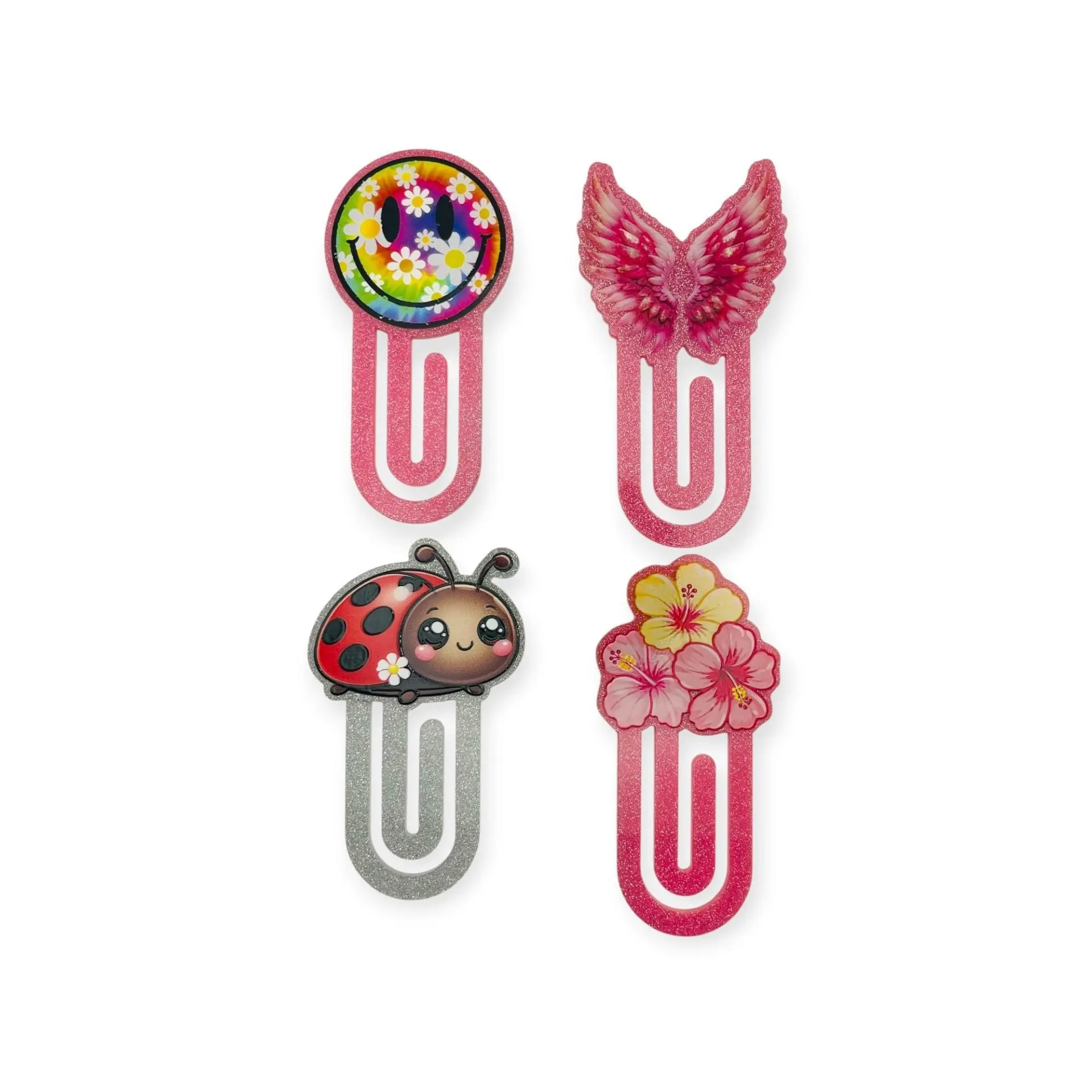 Cute Glitter Bookmarks – Floral, Smiley Face, Ladybug & Wings Designs – Reading & Book Lover Gift