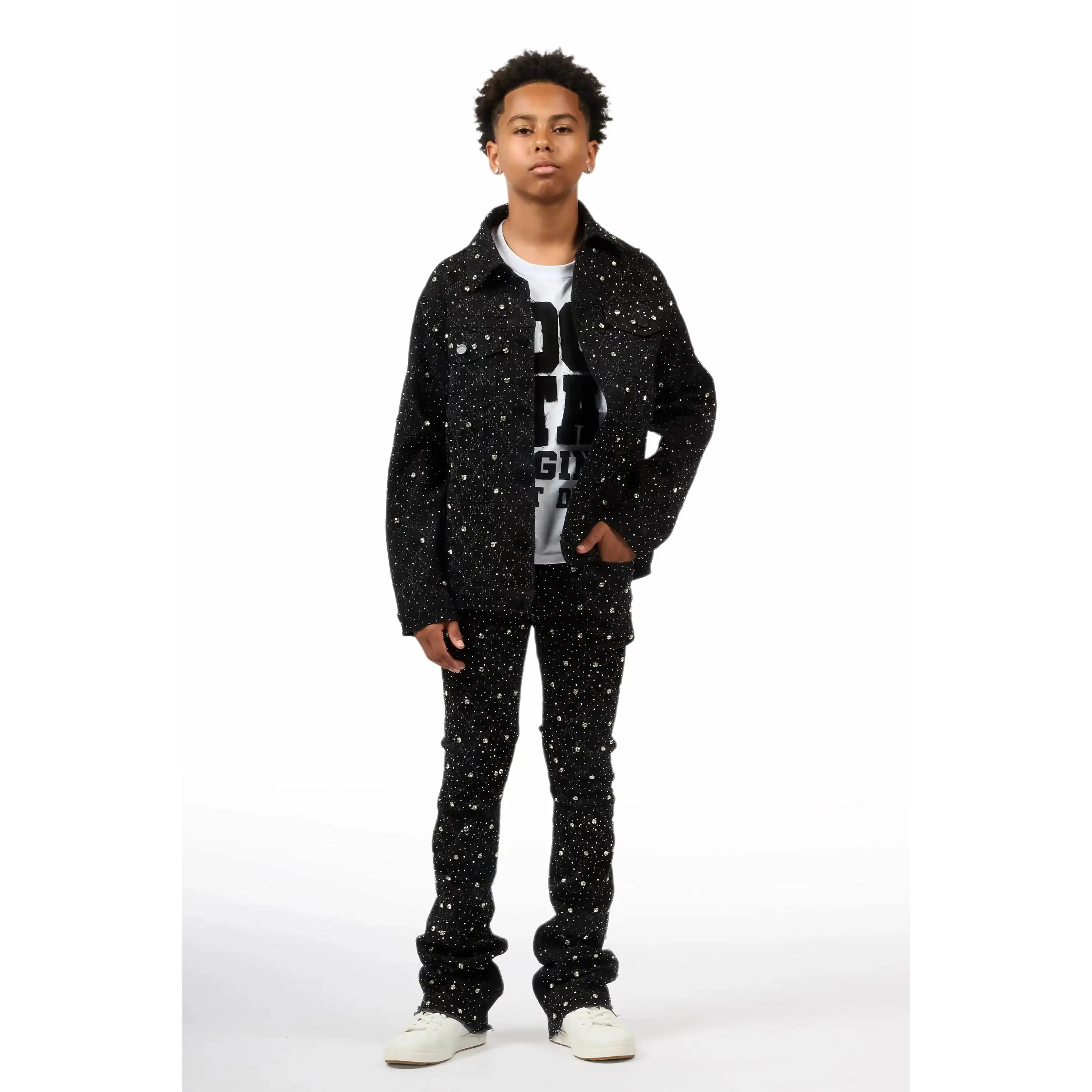 Boys Sareka Black Rhinestone Denim Jacket & Sareka Stacked Jean Set