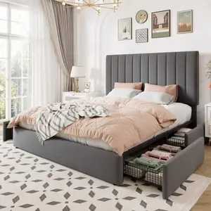 Full/Queen/King Size Storage Bed Frame, Vertical Channel Tufted Adjustable Headboard, Velvet Upholstered Platform Bed With 4 Oversized Underbed Drawers, Wooden Slats Support, No Box Spring Needed, Grey
