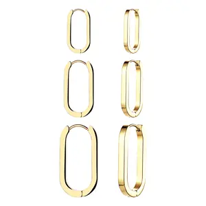 3-Pair 18K Plated Stainless Steel U-shaped Earring Lightweight Oval Huggie Hoop Geometric Minimalist Rectangle Hoops