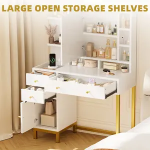 Smart Vanity Desk with LED Lighted Mirror and Built-In Power Outlet, 3 Color Lighting Modes and Dimmable Brightness, Modern Makeup Dressing Table for Bedroom