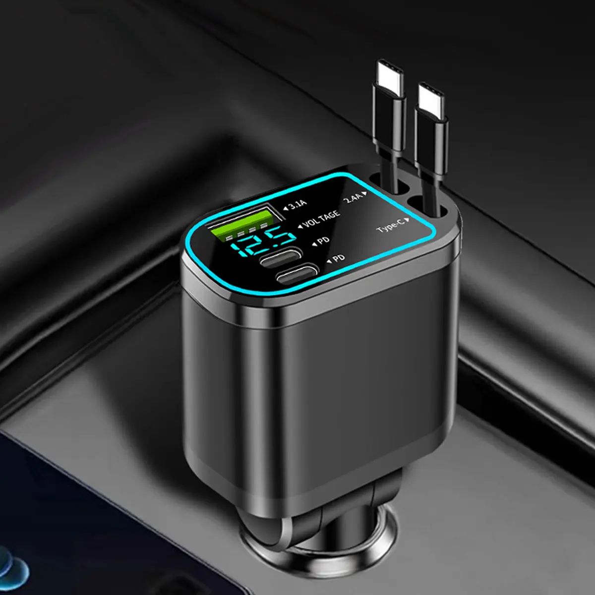 Real Time Voltage Detection Car Charger with 2 Retractable Cables, USB 3.1A Dual USB C Fast Charging, Mobile Phone Charger with Atmosphere Light, Dual Charging Ports, Compact, High Speed Charger, Super Fast Charger, Smartphone Car Charger