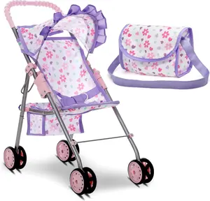 My First Baby Doll Stroller for Kids – Foldable Doll Buggy with Canopy, Storage Basket & Diaper Bag – Purple Pretend Play Carriage for Girls Ages 3+