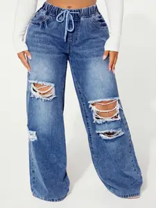 Women's Plus Size Ripped Denim Jeans, High Waist Elastic Waist Drawstring, Loose-Fitting Long Pants, Casual Y2K Style, All Seasons Fashion