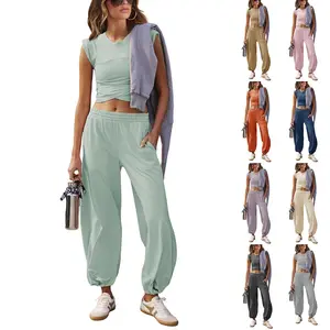 JovenPara Womens Two Pieces Althetic Outfits Casual Lounge Sets Cropped Tops High Elastic Waist Sweatpants Tracksuit with Pockets