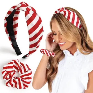 Christmas Headbands for Women Girls Christmas Headbands & Hair Scrunchies Set, Christmas Hair Accessories 2PCS Red Striped Headband Holiday Hair Bands for Women's Hair Xmas Knotted Headband Hair Ties