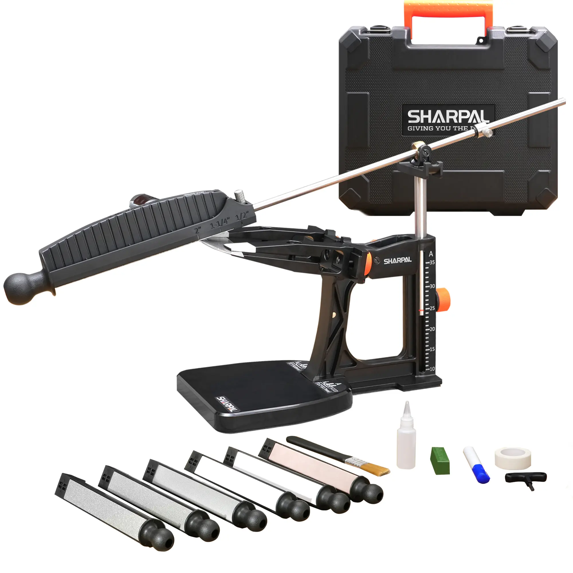 SHARPAL 202H Precision Portable Non-Slip Metal Knife Sharpener Full Kit - Adjustable Angle 10-35°, 7 Abrasives (220/325/600/1000 Monocrystalline Diamond Plates, 3000/6000 Whetstone, Leather Strop), 2 oz, Ideal Knife Maintenance Ideal Gift