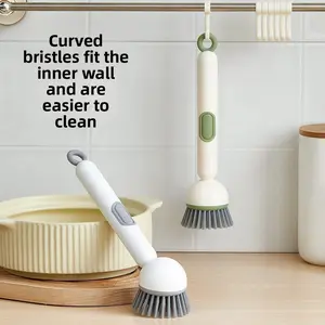 Multifunctional long-handled liquid-dispensing pot scrubber for household use, rotatable, press to dispense liquid, washes dishes without leaving oily hands or damaging pots.