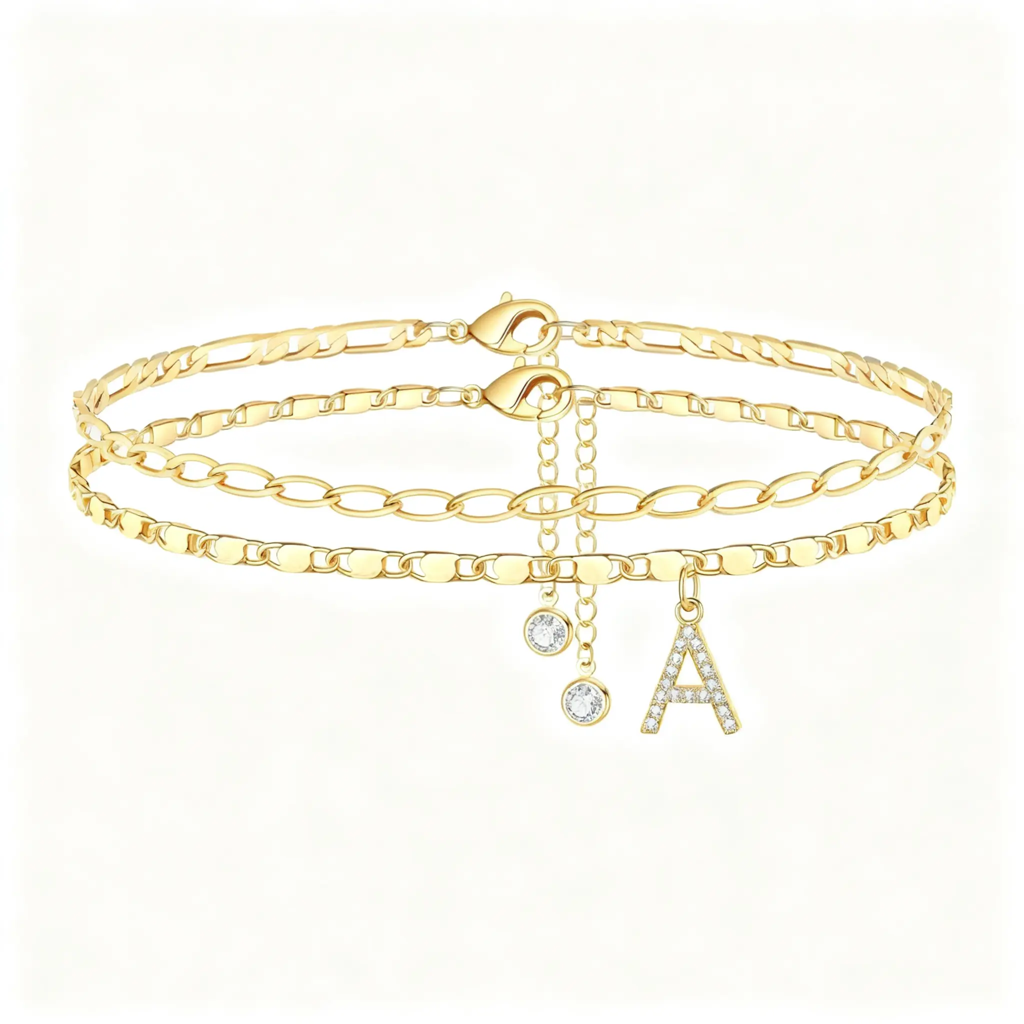 Epindora Premium Double-Layer Letter Anklet with Rhinestones — Gold Accent, Light Luxury Style (all 26 letters available)