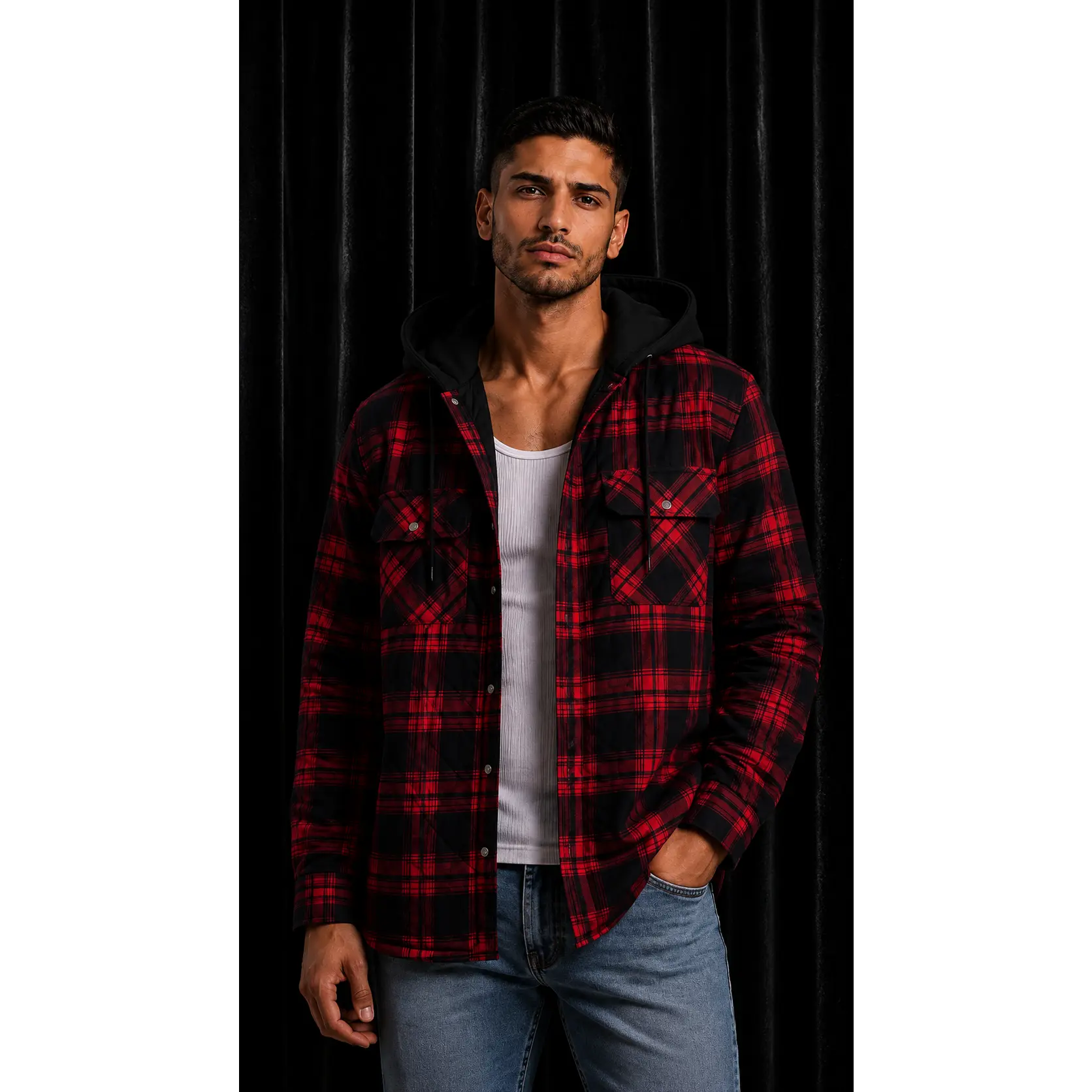 Men's Timeless Relaxed-Fit Hip-Length Brushed Flannel Jacket - Attached Hood, Quilted Design, Insulated Linings, Plaid Pattern