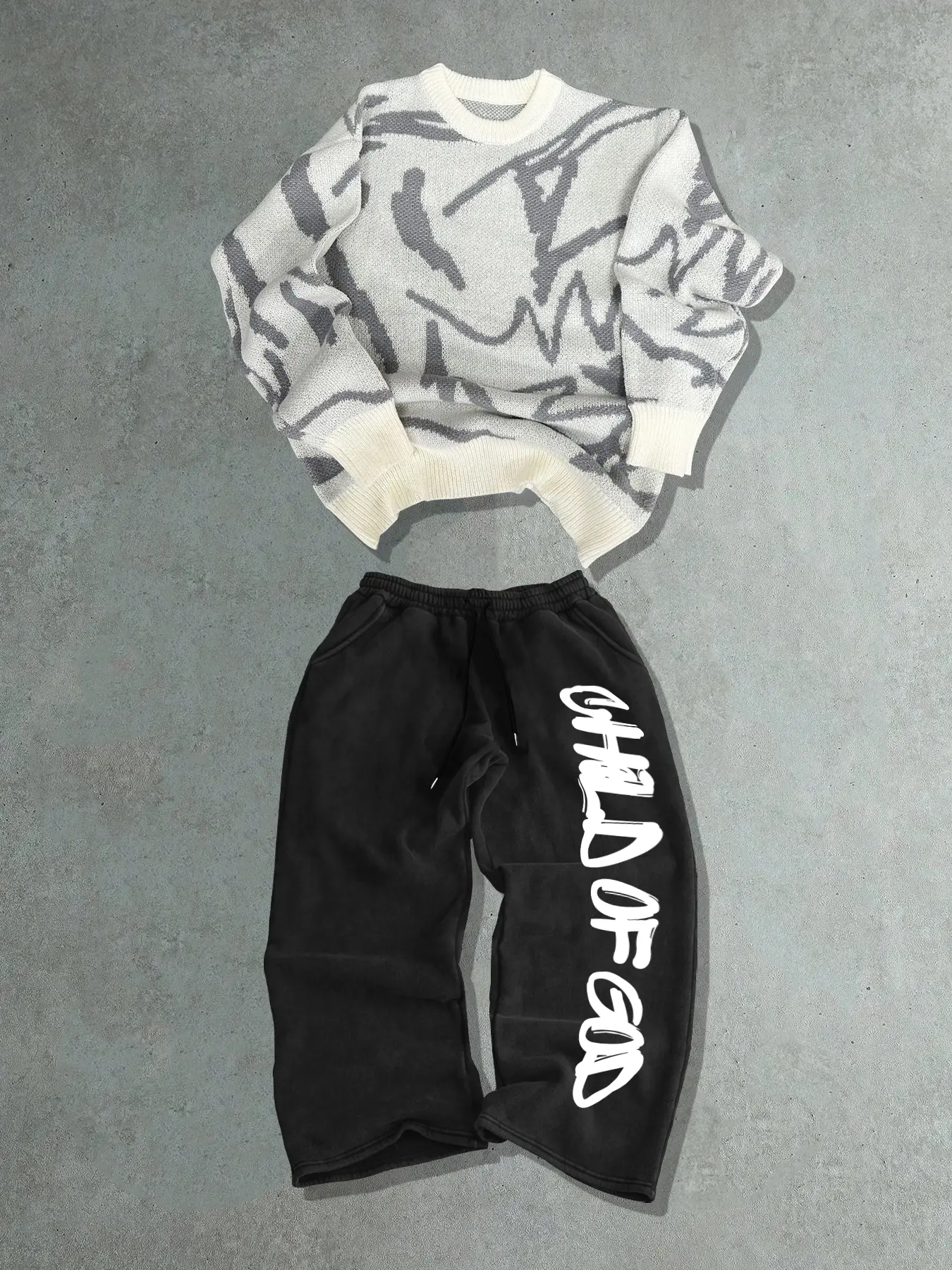 Child of God Streetwear Casual Set, Unisex Striped Long Sleeve Sweater & Printed Pants Two-Piece, Fall&winter Fashion, Colorblock Style, Must-Have Trendsetter
