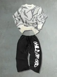 Child of God Streetwear Casual Set, Unisex Striped Long Sleeve Sweater & Printed Pants Two-Piece, Fall&winter Fashion, Colorblock Style, Must-Have Trendsetter