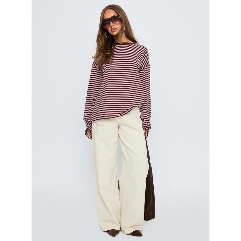 Settle Down Long Sleeve Top Pink / Brown Stripe