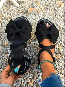 Women's Cute Bowknot Design Flat Sandals, Cross Strap Sandals, Casual Versatile Summer Beach Vacation Shoes, Fashionable Round Toe Rubber Sole Sandals