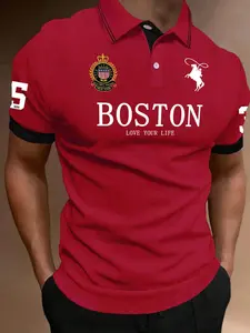 Men's Regular Fit Number & Letter Print Patriotic Polo Shirt, Casual Short Sleeve Collared Top for Summer, Fashion Men's Clothes for Daily Wear, Tropical