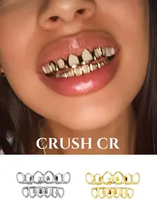 CRUSH CR Copper 18K Gold Plated Open Face Hollow Multi-Tooth Grillz, Gold/Silver Options, Unisex Hip-Hop Tooth Jewelry For Black Women, Girls & Men, Suitable For Parties, Street Fashion & Daily Wear, Teeth Cover Girls