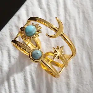 Celestial Sun Moon Ring Gold Turquoise Adjustable Balance Protection Jewelry with Star and Crescent Design