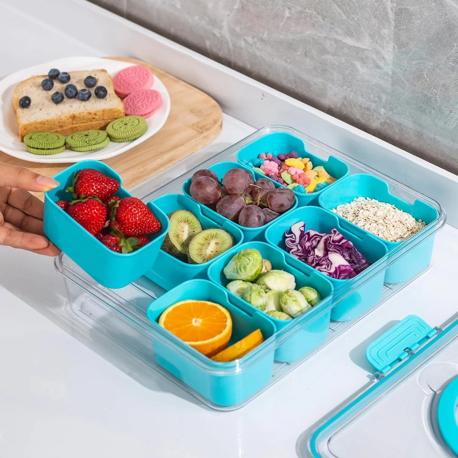 Snackle Box Container with Lid Travel Charcuterie Box with Handle Organizer for Candy, Fruit, Nuts, Veggies, Snacks, Beach Essentials,Blue