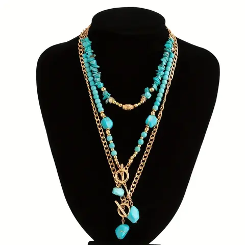 Women's Bohemian Turquoise 3-Piece Layered Beaded Necklace Set - Accessories for Women, Turquoise Jewelry, Boho Layer Look, Lightweight Beads, Versatile Statement Pieces for Parties, Vacations, Daily Outfits