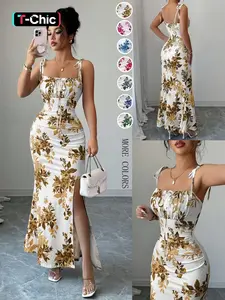 New Women's Fine Strap Bow Waist Ruched Hem Slit Floral Design Aesthetic Dress, Casual Fitted Party Daily Wear, Tall Slimming Elegant Chic Dress