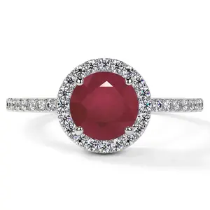 Classic Round Ruby Halo Ring with Prong Set Diamonds (1.85cttw)- RRB001-7X7-A