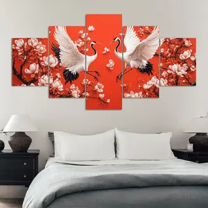 5 Counts Unframed Canvas Poster, Red Crane Magnolia Flowers, Exquisite Poster, Perfect Living Room Decoration, Modern Art, Fashion Family Poster, Wall Art Decoration, Odorless, Waterproof, Artwork