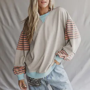 Women's Striped Colorblock Patchwork Drop Shoulder Sweatshirt Crew Neck Long Sleeve Blouses Tops Fallfreshness