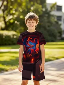 Boys' 3D Bobo Shorts Set, Cool Monster Army Print Summer, Perfect for Parties, Festive Gifts, Birthday Presents