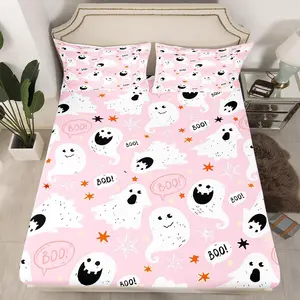 Halloween Fitted Sheet Ghost Pink Queen Size Bedding Set Decoration,Happy Funny Halloween Cute Bed Sheets Kawaii Sheets Set,No Top Sheet queen size
