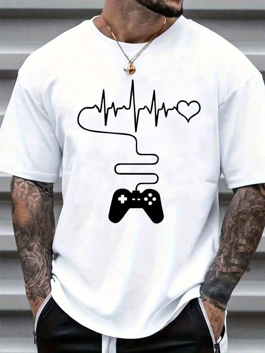 Men's Basic Graphic T-Shirt, Casual Gamer Heartbeat Streetwear Top in 100% Soft Cotton with Short Sleeves, Shortsleeve