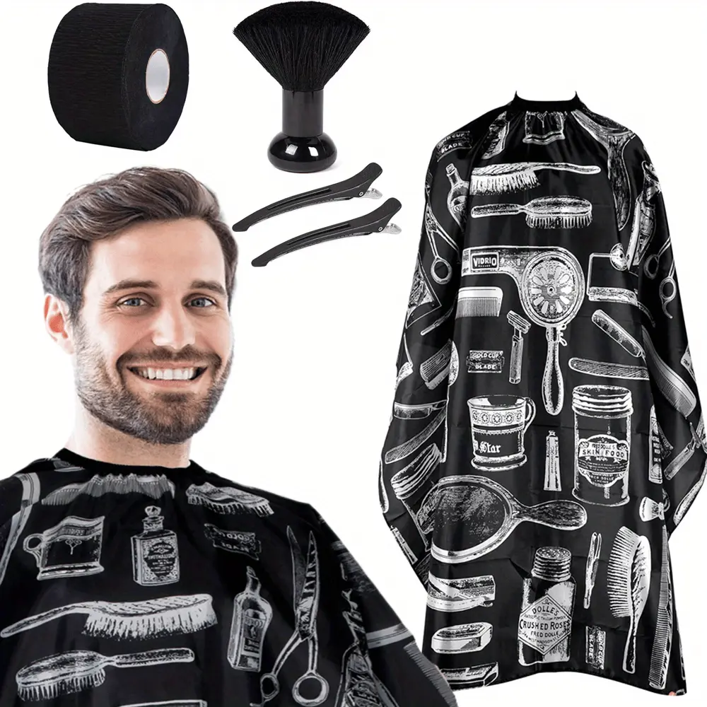 Waterproof Hair Cutting Cape for Men – Salon Cape with Neck Strip and Barber Brush – 5PCS Set– Professional Barber Cape for Hairdressing, Home Haircuts,  Adults – Waterproof, Stain‑Resistant, Easy Clean Nylon Fabric