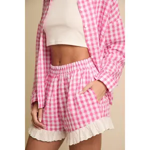 (Pink/White) Gingham Boxer Shorts With Lace Ruffles